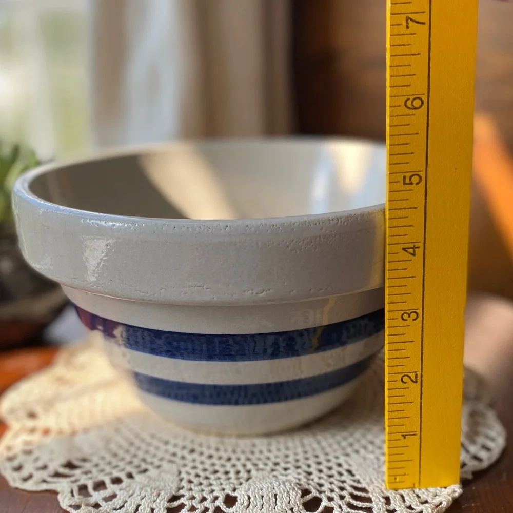 Vintage RRP Roseville Ohio Beige Blue Band 8”x5.5” Stoneware Mixing Bowl